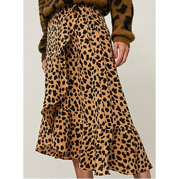 RIXO Dresses & Skirts - Rixo London Medium Gracie Wrap Midi Skirt Black Leopard Print Silk Ruffle